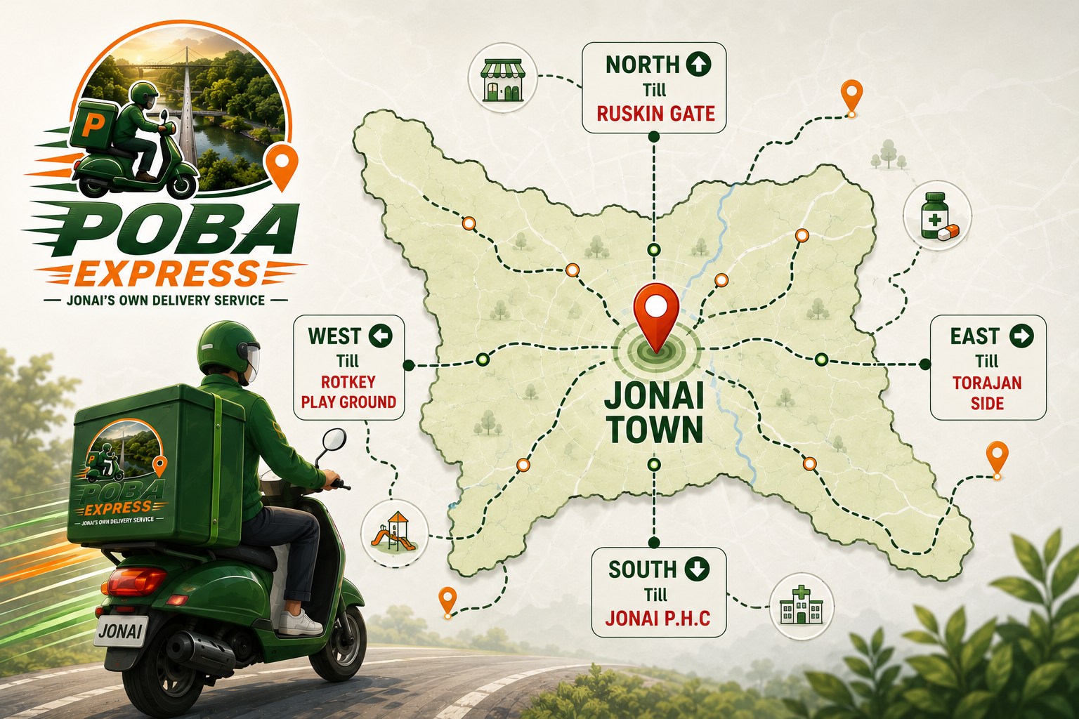 Poba Express delivery area for Jonai town — north to Ruskin Gate, south to Jonai P.H.C, east to the Torajan side and west to Rotkey playground.